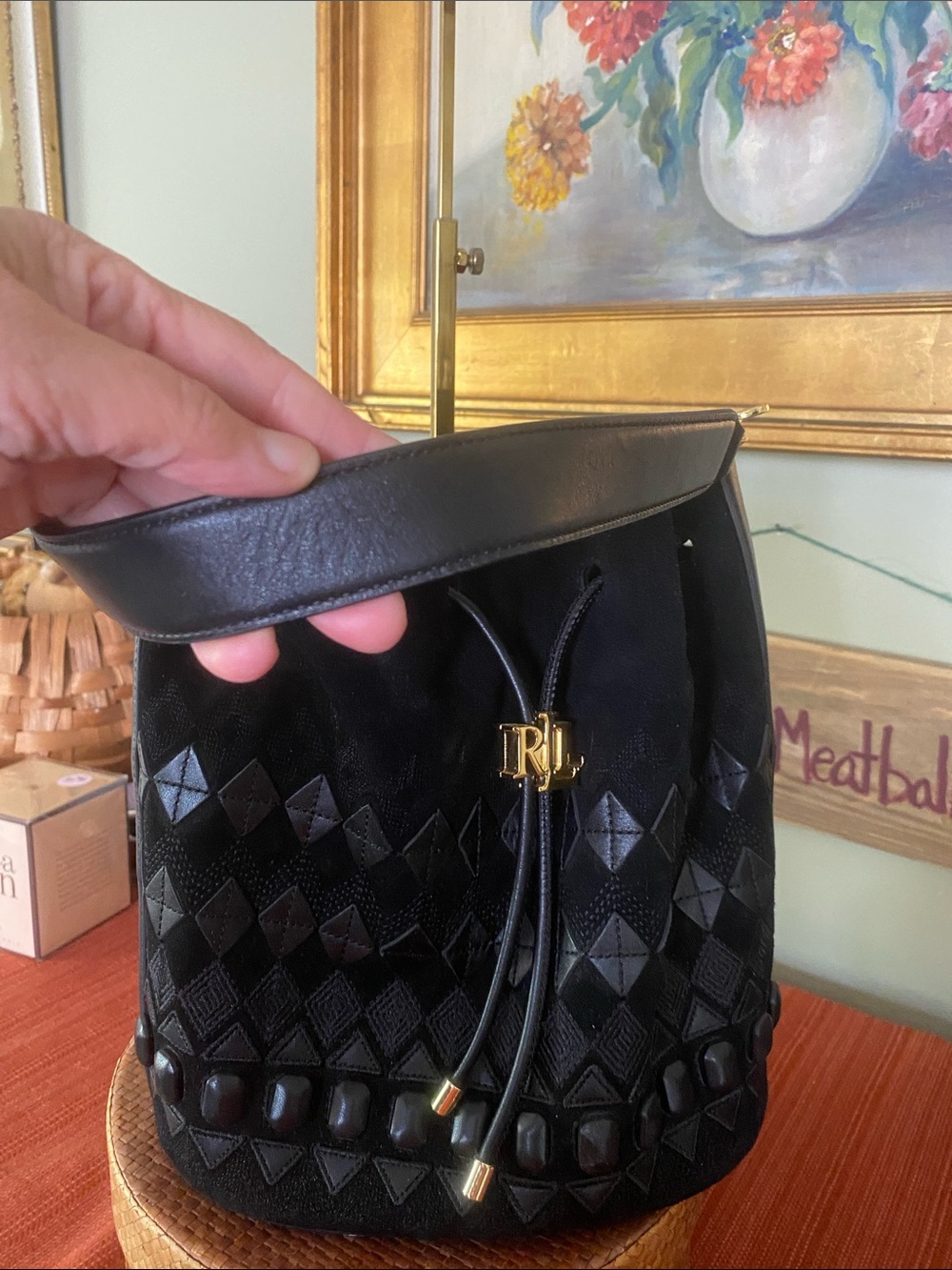 Lauren Ralph Lauren Fair Isle Black Suede Andie Drawstring Bucket Bag - Picture 8 of 16